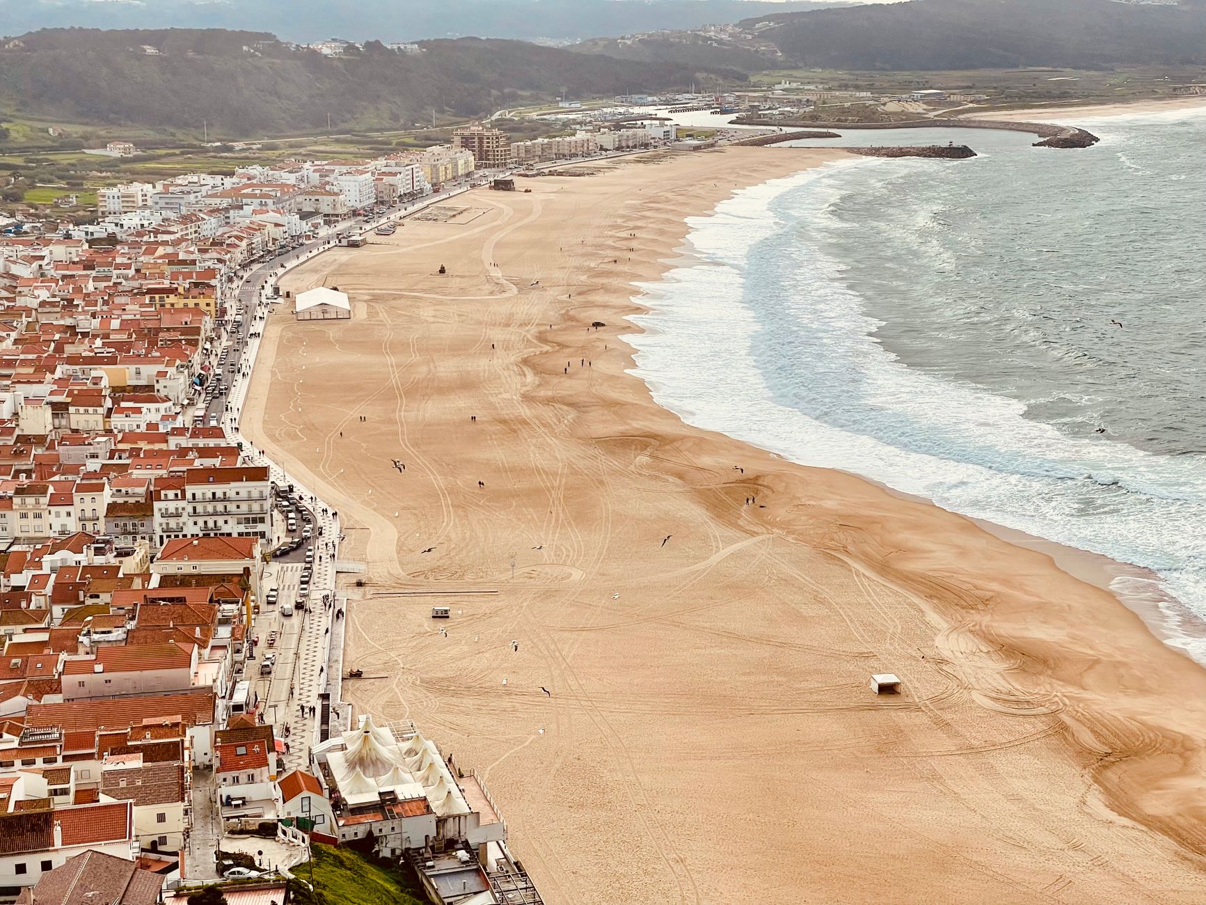 Aerial view of the beach and headland at Nazaré, Portugal
