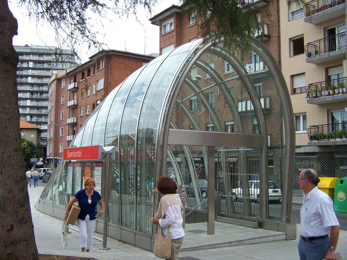 A glass "fosterito" entrance to the Bilbao Metro designed by Norman Foster, at Santurtzi