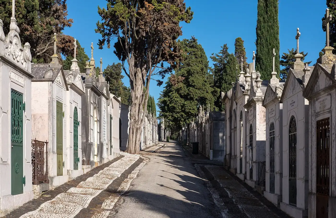 Street of mausoleums at Prazeres Cemetery in Lisbon