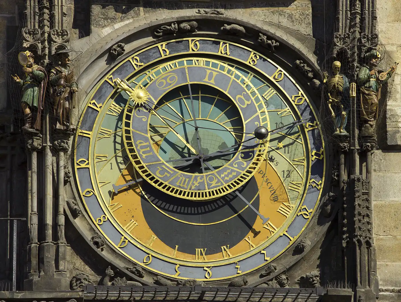 The Astronomical Clock (Orloj) in Prague's Old Town, with the skeleton figure of Death beside the dial