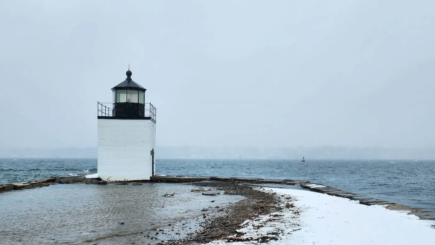 Derby Wharf Lighthouse on the Salem waterfront in winter