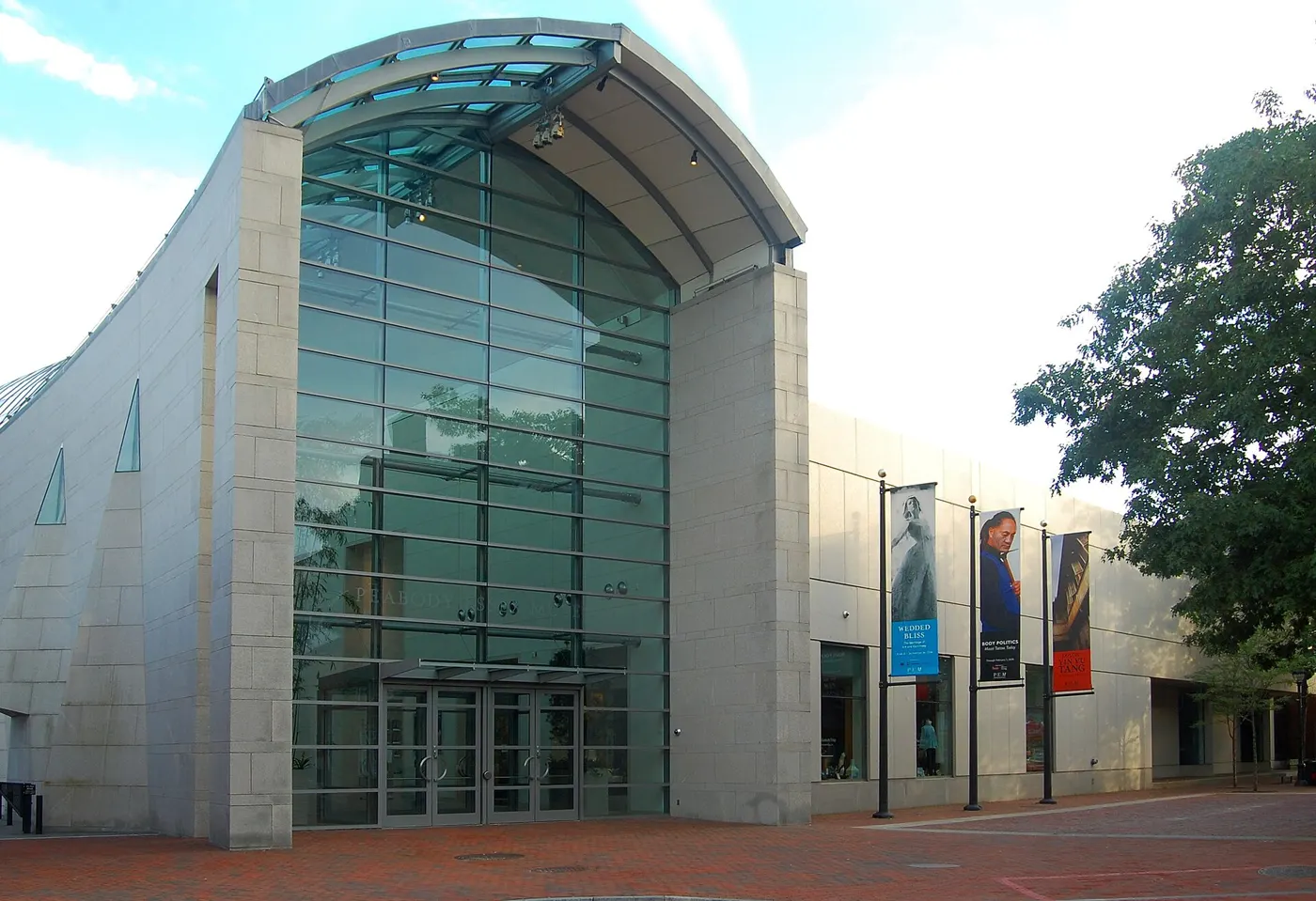 The glass and granite entrance of the Peabody Essex Museum in Salem