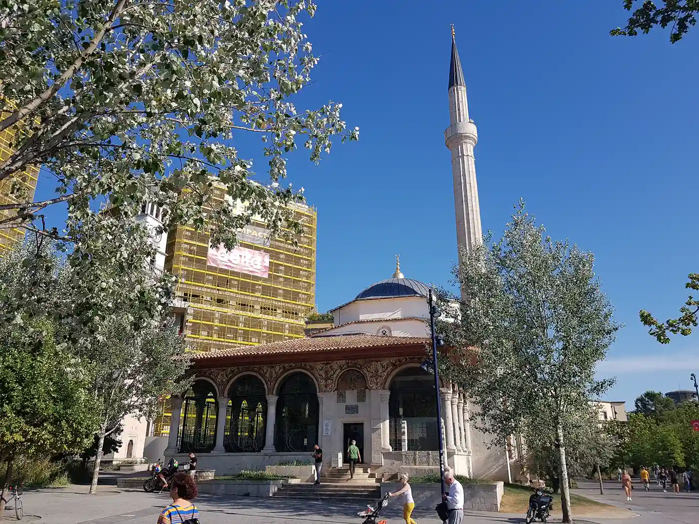 Et'hem Bey Mosque beside Skanderbeg Square in Tirana, with its minaret and clock tower