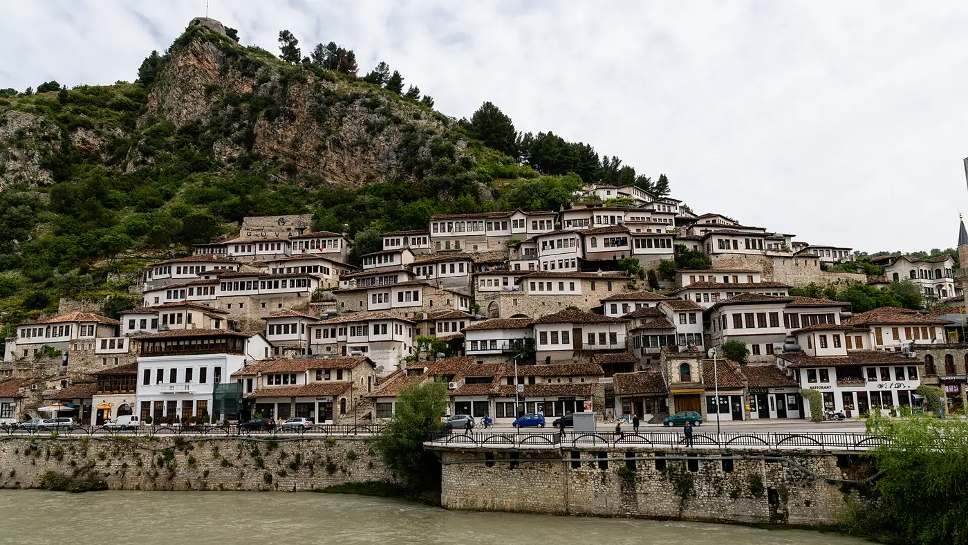 Berat's Mangalem district, the Town of One Window Above the Other, rising above the Osum river